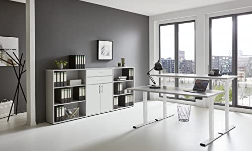 BMG Möbel e-Office Edition Set 14 Büromöbel-Set (Gestell: Weiß, Korpus-Front: Lichtgrau/Weiß Hochglanz, Tischplatte: Lichtgrau, Abmessung Tischplatte: 160 x 80 cm)