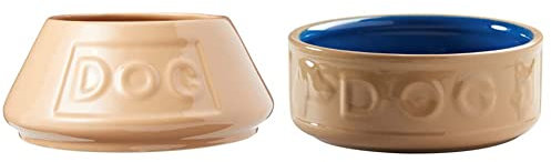 Mason Cash Cane Collection Beige Non Tip Lettered Stoneware Dog Bowl, 21 CM & Lettered Dog Bowl, Cane and Blue, 18 cm