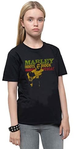 Bob Marley - Roots Rock Reggae T-Shirt for Boys/Girls (11-12 Years) (Black), Black/White