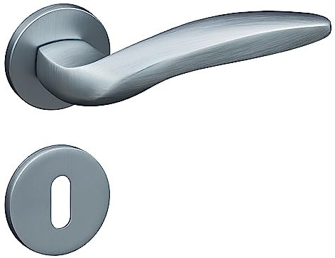 Gavroche Türgriffe Set BB Buntbart | Türklinken für Innentüren in Silber Matt Chrom | Drückergarnitur für Zimmertür mit runder Rosettengarnitur aus Aluminium | Türbeschlag in L-Form