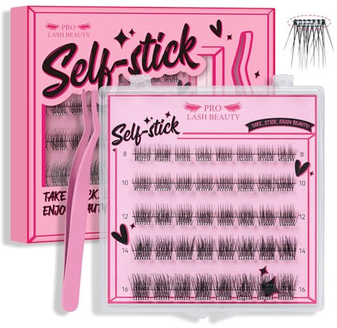 Self Adhesive Eyelashes 40Pcs Lash Clusters Press On Self Stick Lashes Reusable Self-adhesive Eyelash Clusters No Glue No Remover 1 Step Lashes Pre Glued Cluster Lashes Easy to Use(Bamboo,D-8-16mix)