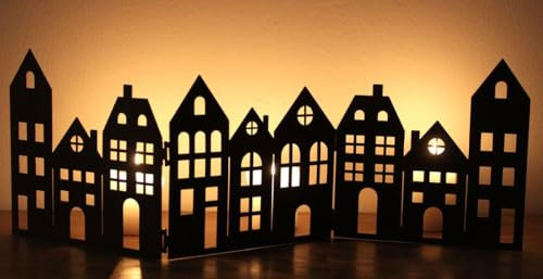 LB H&F Häuserreihe Häuser Silhouette Haus Deko Dekoration Dekofigur Weihnachten Advent Herbst Winter Metall 64cm (Haus Rost Teelichthalter GR)