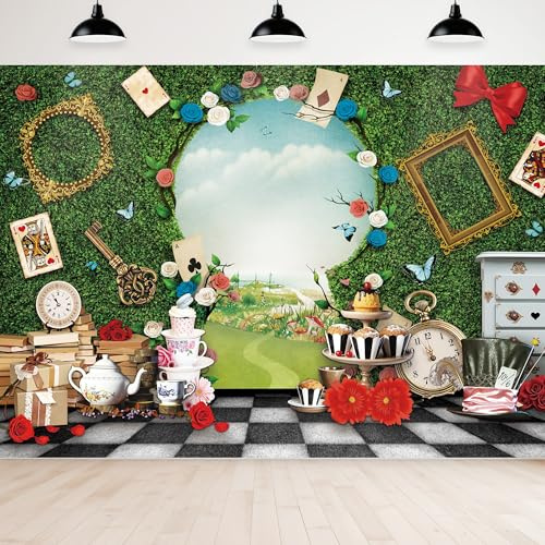 Newsely Wonderland Fotohintergrund für Teepartys, 8 x 6 cm, Fotografie, Schlüsselhalter, Schachbrett, grünes Gras, Zaun, Dekorationen, Hintergrund für Neugeborene, Babyparty, Märchen, Märchen,