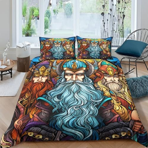 AAHARYA Nordische Mythologie Bettwäsche Set 3D Bettwäsche Set 3 Teilig Thor Odin Loki Mikrofaser Bettbezug Mit Reißverschluss Und Kissenbezug Weich Haltbar Atmungsaktive Double(200x200cm)