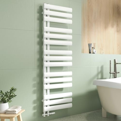 EMKE Secador de Toallas de Agua Caliente Tubo Oval,143x40cm,Radiador de Baño de Tubo Oval,Calentador de Toallas,radiador baño Pared,484W,Blanco