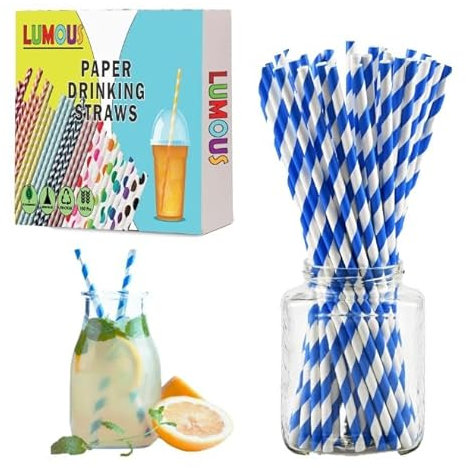LUMOUS ROLA Paper Straws, 150 Pack Paper Drinking Straws, Bio Degradable Drinking Paper Straws Wedding Party, Party Straws, Restaurant, Juice Drinking Straws (150Pcs Blue White Stripes)