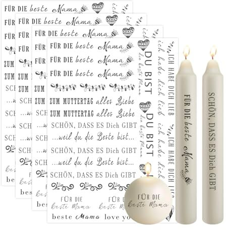 Bolosa 4 Stück Kerzentattoos Muttertag A5,Wasserschiebefolie Kerzen,Kerzen Aufkleber Kerzensticker Kerzenfolie Kerzen Tattoofolie Sprüche Geschenk Mama, FÜR DIE beste Mama (19x14cm, Muttertag B)