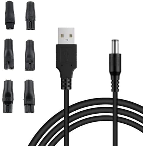 7 Pcs Shaver Charger Cable Kit, Beard Trimmer Charger with 6 Adapters Heads, USB Charging Plug for Electric Shavers, Wide Compatibility with Various Brands, Portable Design Ideal for Travel Home Use