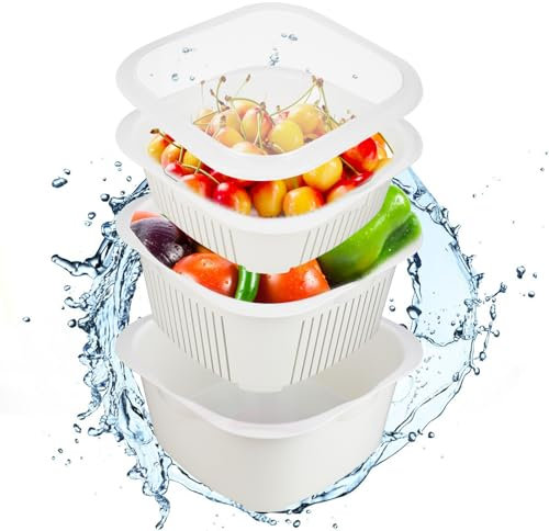 DMJJSD® Kunststoff Küchensieb Schüssel-Set mit Deckel, 3-in-1 Obst Gemüse Wäschekorb Stapelbarer Küchensiebe Set Abflusskorb Seiher Sieb für Gemüse Obst Nudeln, Mikrowellen, Gefriergeeignet