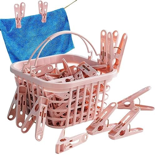 Jeorywoet Pink Spring-loaded Polypropylene Clothespin 30Pcs with Storage Basket