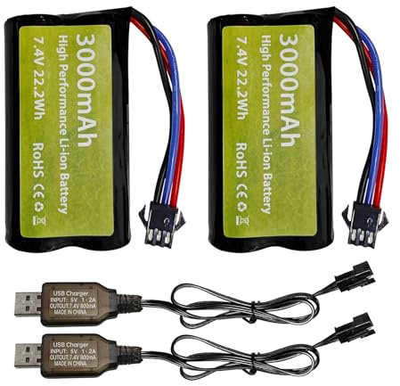 ZYGY 2PCS 7.4V 3000mah 15C 2S Li-ion Battery with SM-3P Plug with USB Charging Cable for DE43 DE60 9500E 9309E Control Car Model Car Truck Huina 1575 RC Engineering Vehicle RC Toy Car Battery