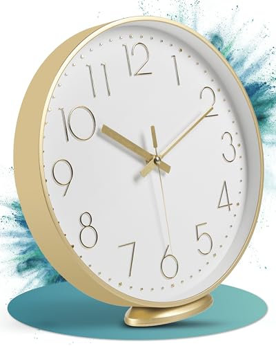LATENO - Wanduhr Gold - Zum Aufstellen Oder Aufhängen - 20 cm - Lautlos - Klassisch Und Modern - Ohne Tickgeräusche - Für Wohnzimmer Büro UVM