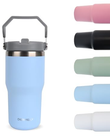 CherryKelly 20oz (550ml) Travel Mug with Handle, Travel Tumbler with Straw Lid, Stainless Steel Vacuum Insulated Coffee Cup, Double Wall Travel Flask Car Mug, Leak Proof Water Bottle - Blue