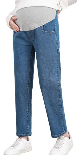 FEOYA Jeans de Maternité pour Femmes Pantalon de Grossesse en Denim à Jambes Larges et Décontractées Pantalon Jean avec Poches pour Femmes Enceintes Bleu M