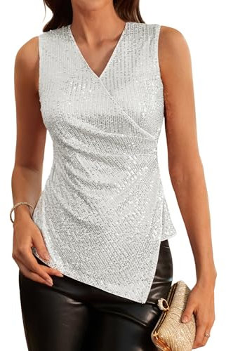 Damen Glitzer Oberteile Hochzeit Tunika Damen Elegant Herbst Bluse mit Pailletten XXL Silber-1