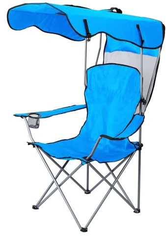 Makamsui Folding Camping Chair with Shade Canopy for Adults, Portable Lawn Chair with Sun Shade, Cup Holder, Side Pocket, for Outdoor, Beach, Tailgates, Fishing Blue