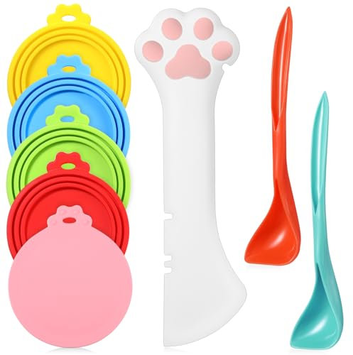 Uiifan Lot de 8 boîtes de nourriture pour animaux de compagnie, 5 pièces, couvercles universels en silicone, 2 cuillères en silicone, 1 ouvre-boîte multifonction pour animaux de compagnie, chiens,