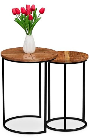 Relaxdays Satztisch, 2er Set, Akazienholz, Eisen, runder Beistelltisch, Wohnzimmer, Flur, Couchtisch, braun/schwarz