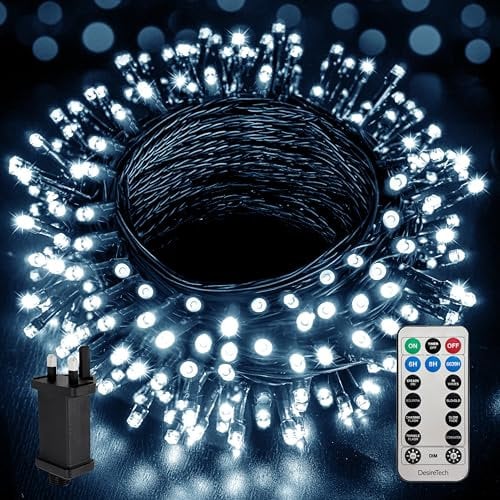 Desiretech Outdoors & Garden Lights - 10m 100 LED Outdoor Waterproof Plug-in String Lights, Remote Control, 8 Modes, Timer, Dimmable Cool White Lights for Indoor & Outdoor Christmas Decorations