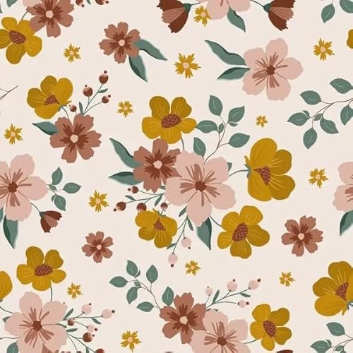 Papier Peint Mural Fleurs, Motif Vintage, Fleurs Jaunes et Roses Sur Fond Crème