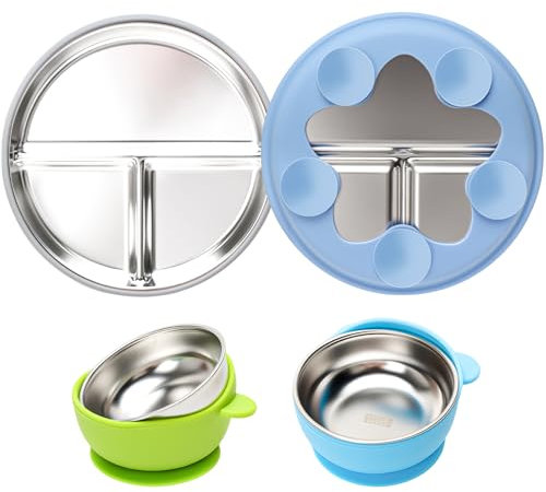 CLDY 2 Stück Edelstahl Babyteller mit Saugnapf + 2 Stück Breischale Baby schüssel, kinder geschirr set, Geteilte Standfeste Esslernteller Geteilte Teller - BPA-Frei - Auslaufsicher, spülmaschinenfest