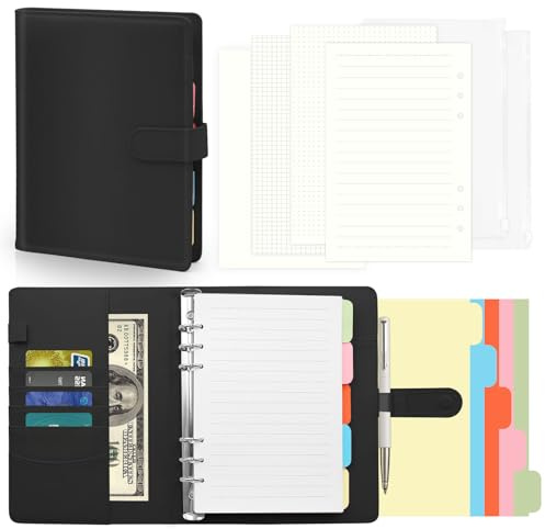 A5 Ringbuch,A5 Ringbuch Nachfüllbar,A5s Binder Notizbuch,135 Blätter A5S Nachfüllpapier,PU Leder Binder Notizbuchs,Notizbuch A5S Mit Bindertaschen,Budget Planner Notizbuchs für Büro,Schule (Black)