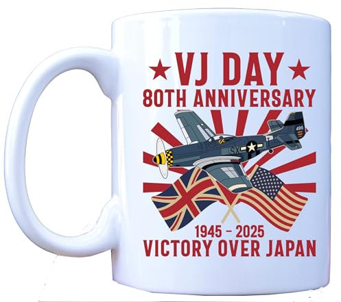 VJ Day 80th Anniversary Mug – 1945–2025 Victory Over Japan WWII Tribute – Patriotic Military Airplane Coffee Cup