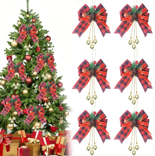 6 Stück Rote Schleifen Weihnachten, Weihnachtsbaum Deko, Schleifen Weihnachtsbaum mit Tannenzapfen Glöckchen, Hängende Weihnachtsschleifen für Geschenkverpackung, Girlande, Kamin Deko
