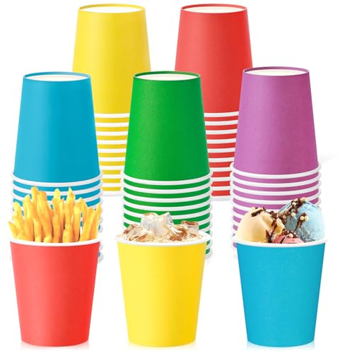 KesaPlan 100Pack 9oz (250ml) Paper Cups Multicoloured Party Cups for Hot & Cold Drinks Leak-Proof, Biodegradable and Compostable Drinking Cups for Birthday, Wedding, Office Parties & DIY Crafts