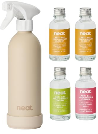 Neat Multi-Surface Antibacterial Cleaning Spray, 3 Scents – Natural Cleaning Solution for Home & Office, Pet Friendly, Plant Based, Reusable Stone Aluminium Bottle, 4x30ml Concentrate Bottles