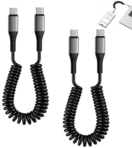 2PCS 100W Coiled USB C Cable, Retractable 0.36m-1.5m Fast Charging Braided Data Cord, Anti-Tangle USB C Fast Charger Cable Compatible with iPhone/Huawei/Samsung/MacBook, Car Charger Cables