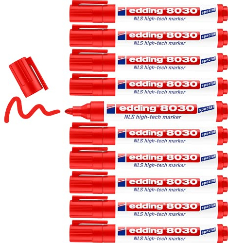 edding 8030 NLS high-tech marker - red - 10 pens - bullet nib 1.5-3 mm - rustproof marker for low-corrosion marking - for use on steel, metal, iron, aluminium