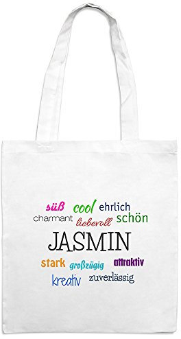 Jutebeutel mit Namen Jasmin - Motiv Positive Eigenschaften - Farbe weiß – Stoffbeutel, Jutesack, Hipster, Beutel