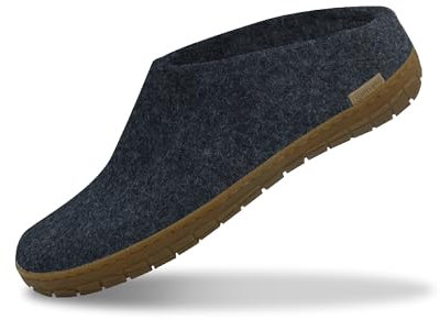GLERUPS Slip On Hausschuhe Damen und Herren (Größe 4) | Blauer Unisex-Slipper aus Wolle mit Ledersohle