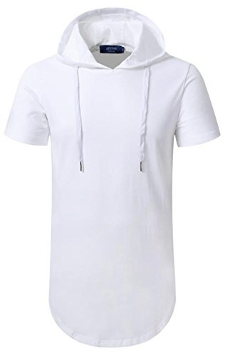 AIYINO Mens Hipster Hip Hop Short Sleeve Longline Pullover Hoodies Shirts (Large, White)
