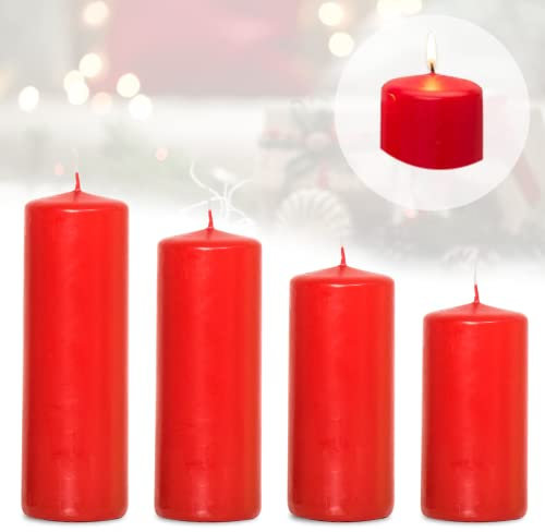 Smart Planet 4er Set Stumpenkerzen Weihnachten Ambiente Kerzen - Rot – 12/14/16/18cm - Advent Kerze Weihnachtsdekoration - Weihnachtskerzen für Adventskranz