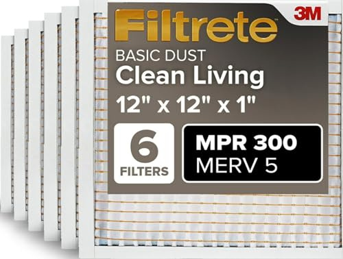 Filtrete 12x12x1 AC Furnace Air Filter, MERV 5, MPR 300, Capture Unwanted Particles, 3-Month Pleated 1-Inch Electrostatic Air Cleaning Filter, 6-Pack (Actual Size11.81x11.81x0.81 in)