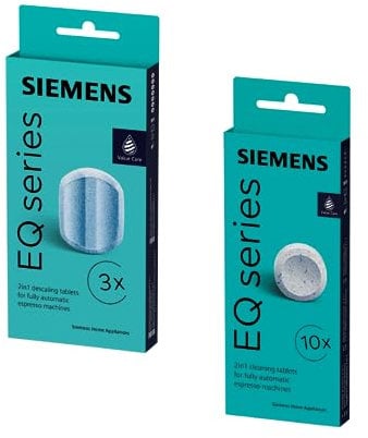 Siemens TZ80001 Lot de 10 pastilles de nettoyage, avec 3 tablettes détartrantes, pour les machines à café de la série EQ