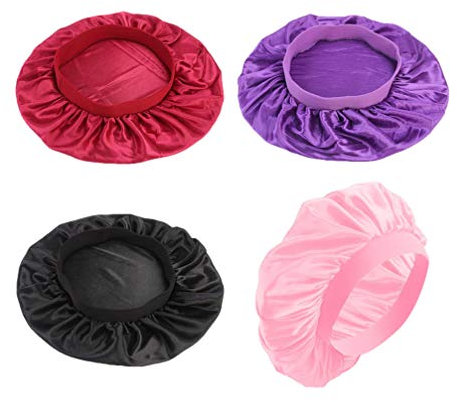 Supvox 4pcs Sleeping Caps Imitated Silk Cap Wide Side Portable for Women Ladies Girls Adults (Black, Purple, Wine Red, Pink)