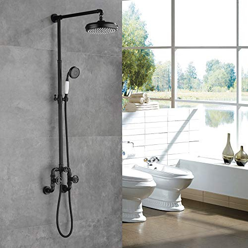 WRISCG Duschsystem Regendusche Vintage Industriestil Duschgarnitur, mit Edelstahl Kopfbrause & Handbrause, Steampunk Design Runden Duschsäule Duschset Duscharmatur, Messing