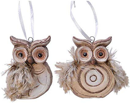 Christbaumschmuck Keramik ca. 7cm x 1 Stück sortiert Eule mit Kunstfell Weihnachtskugeln Vogel braun