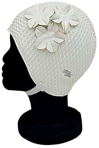 Blue Reef Oslo Bubble - Gorro de natación para mujer, diseño floral, clásico, retro, 3 flores, tono sobre tono, pétalo 3D, elegante, vintage, talla única, para adultos, con correa ajustable (blanco)