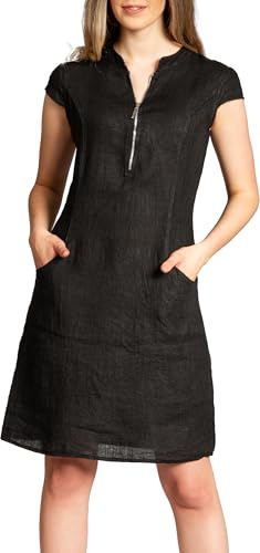 Caspar SKL040 stylisches knielanges Damen Sommer Leinenkleid mit Reißverschluss Ausschnitt, Farbe:schwarz, Größe:42