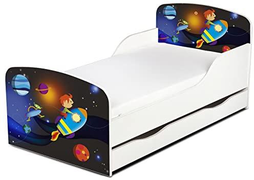 Leomark Einzelbett aus Holz ~ Planeten ~ Kinderbett mit Schubladen für Bettwäsche, Stauraum, Holzbett mit Matratze Lattenrost, Komplett Set, Liegefläche 70/140 cm, UV-Druck
