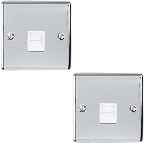 2 PACK | BT Master Single Telephone Socket -CHROME & Grey- PSTN Line Wall Face Plate – Flush or Surface Mounted Phone Plug – 1 Gang Decorative Metal Plate