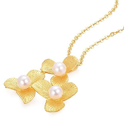 Gualiy 18 Karat Gelbgold Damen Halskette, Halsketten mit weißen Perlenanhängern mit Blumen Gold