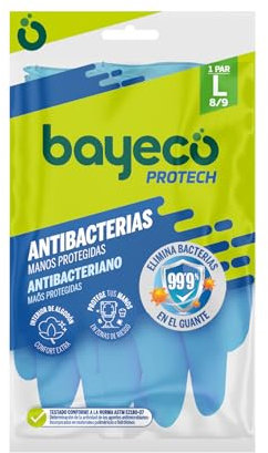 Bayeco Wiederverwendbare Schutzhandschuhe, antibakteriell, extra Schutz für die Reinigung Ihres Badezimmers, Farbe Blau, beflockte Innenseite für weniger Schwitzen und mehr Komfort, 1 Paar, Größe L