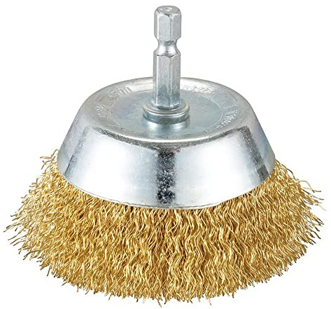 Makita D-73639 Topfbürste Ø 75 mm, gewellt, fein, vermessingt, 1/4-Sechskantaufnahme, feine Drahtbürste zum Bearbeiten von Holz und Metall