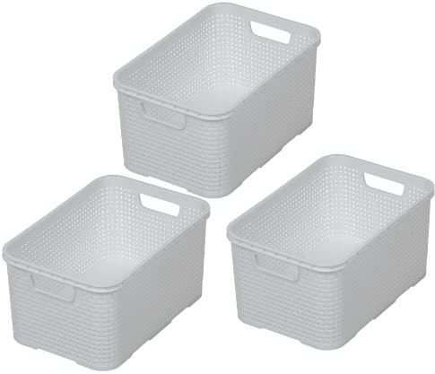 BranQ - Home essential Korb in Rattan Design 3er Set Grösse M 10 l, BPA-frei Kunststoff PP, Weiß, 28,8x19,7x16,2 cm, 3 Stk.