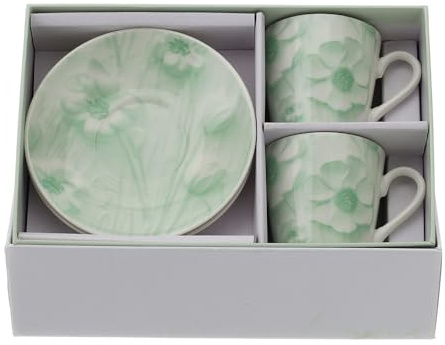 Hervit Set 2 Tazzine Caffè con Piattini Canvas Verde 8x6cm Porcellana New Bone China Scatola Regalo